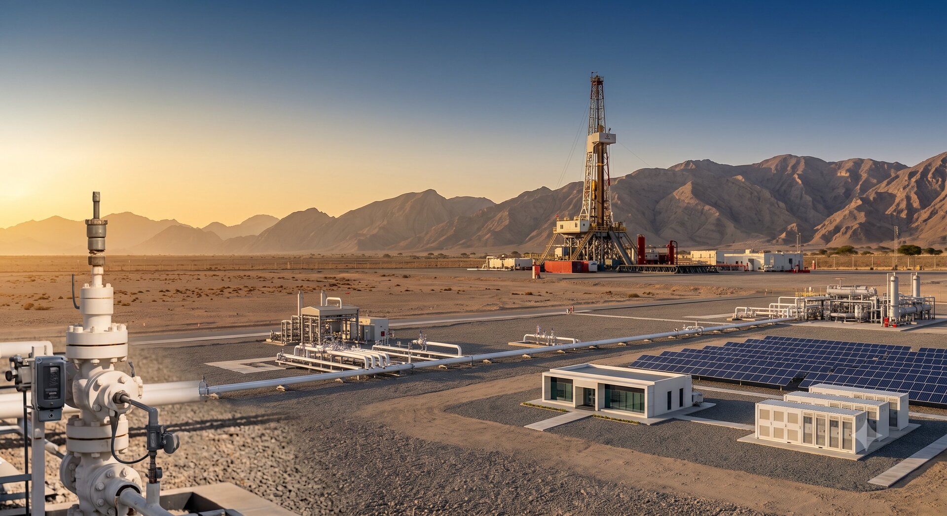 Oil and gas field operations at Mafraq Energy Block 70 Oman with drilling rig and solar facilities