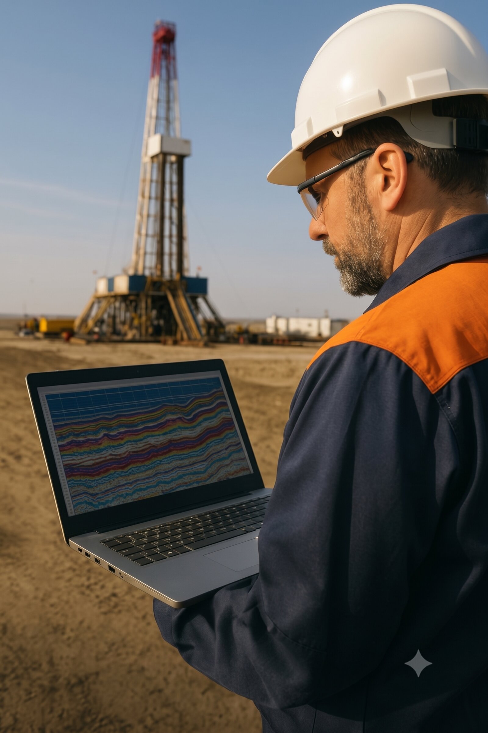 Petroleum engineer reviewing subsurface geological data at Block 70 drilling site