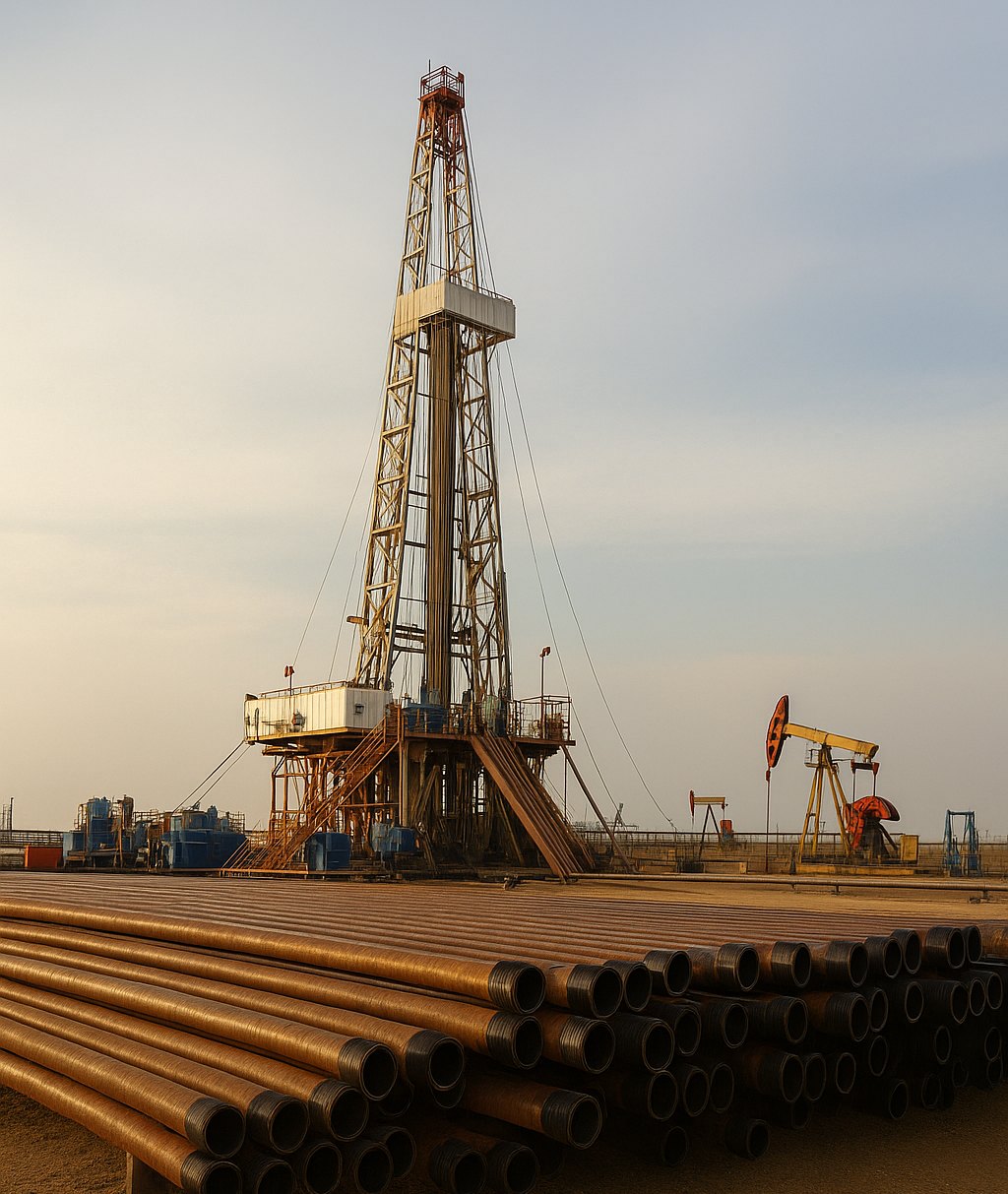 Exploration drilling rig and pipe stacks at Block 70