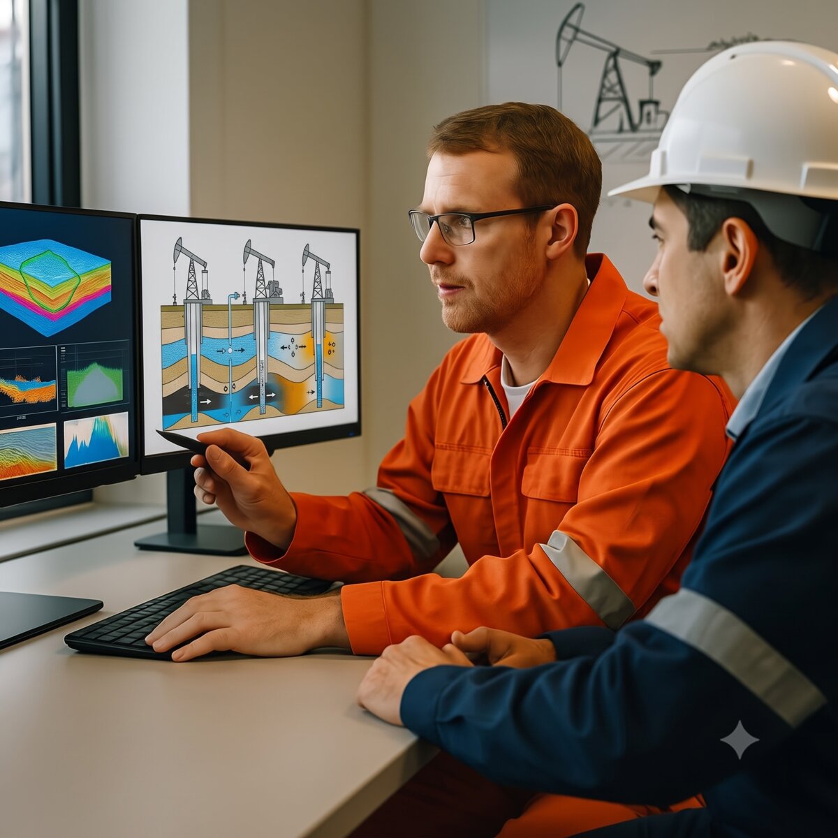 Mafraq Energy engineers collaborating on reservoir and production analysis for sustainable operations