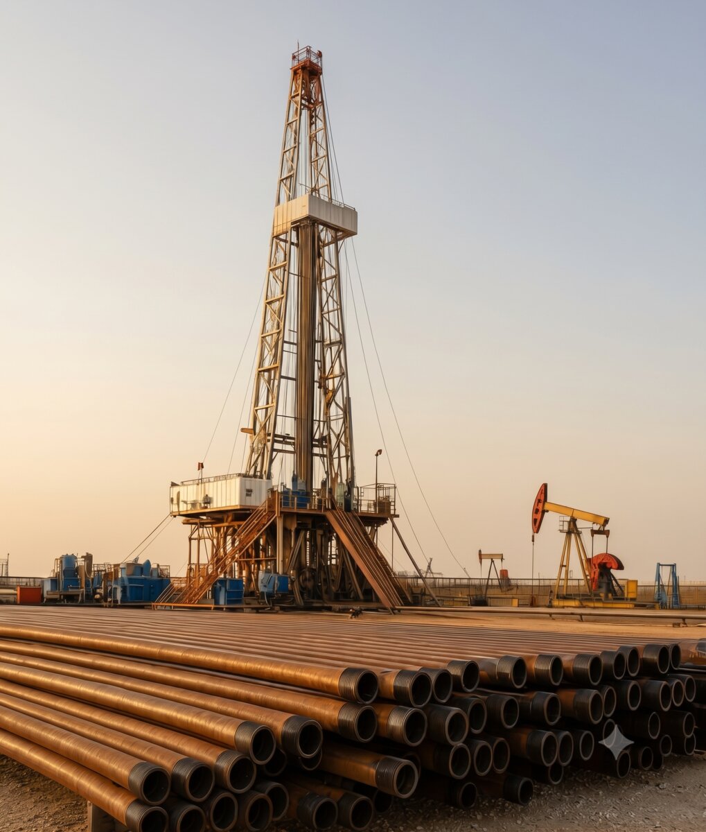 Drilling rig and casing pipe stacks at Block 70 supporting responsible field development